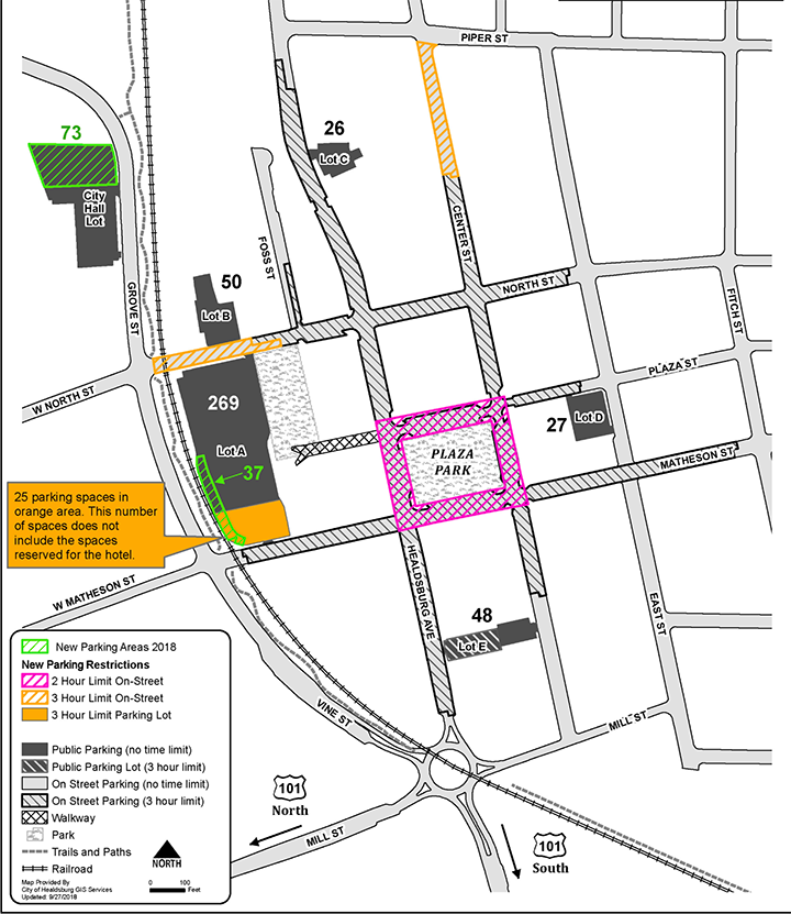 Downtown Healdsburg parking map showing public lots and time-limited parking near THE 222